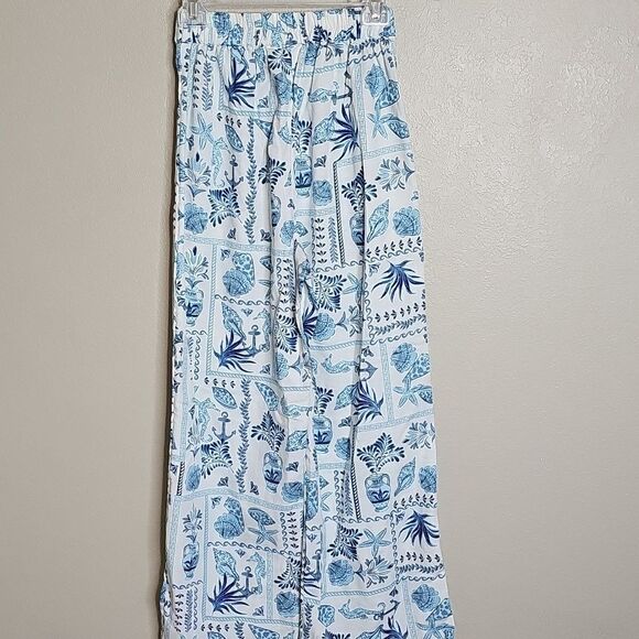 Midnight Sky Linen Blend Nautical Print Blue and White Wide-Leg Pants Small - Picture 4 of 8